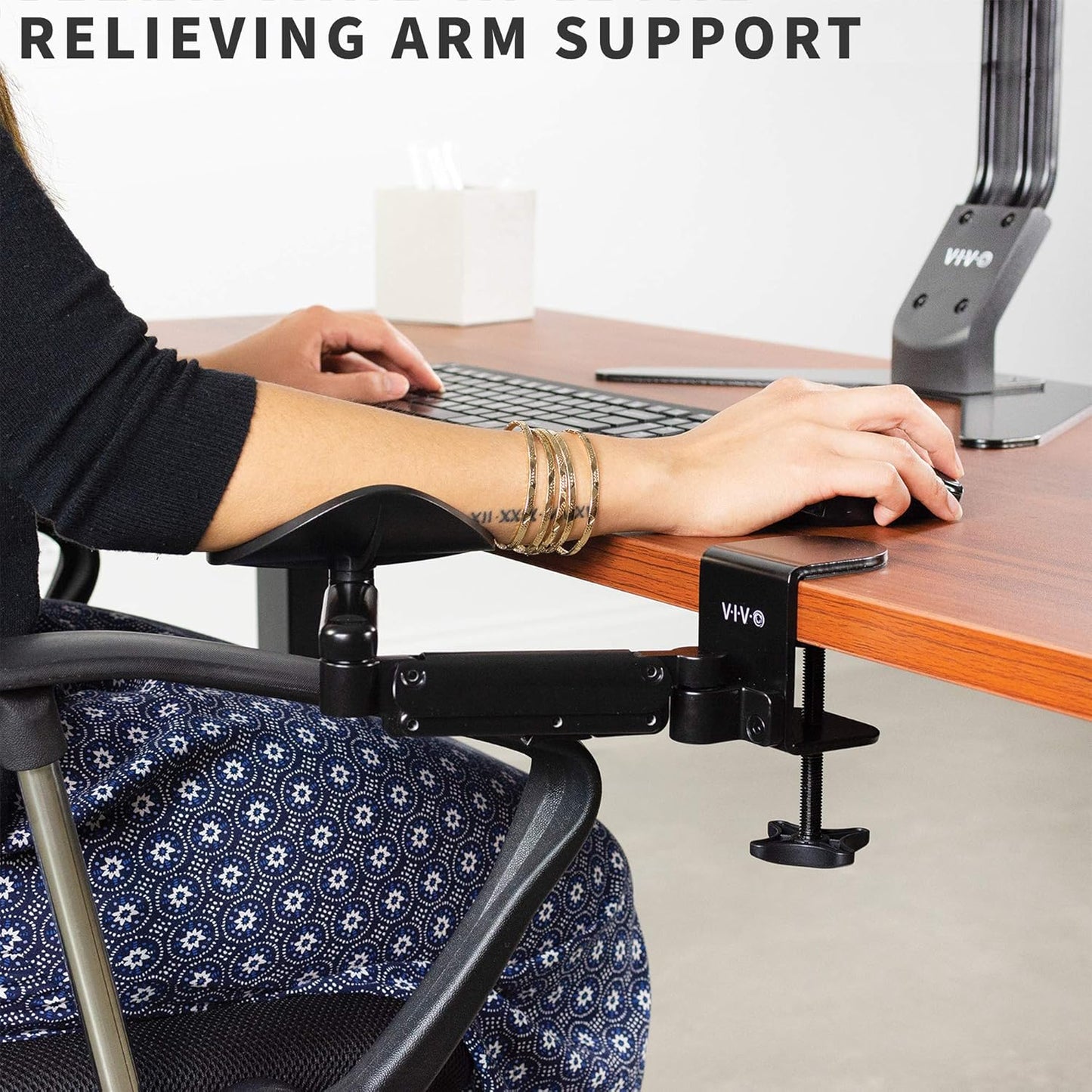VIVO Universal Clamp-on Adjustable Armrest, Desk Cradle Rotating Elbow Cushion, Above Table Extension Platform Arm Support, Black, MOUNT-ARM01