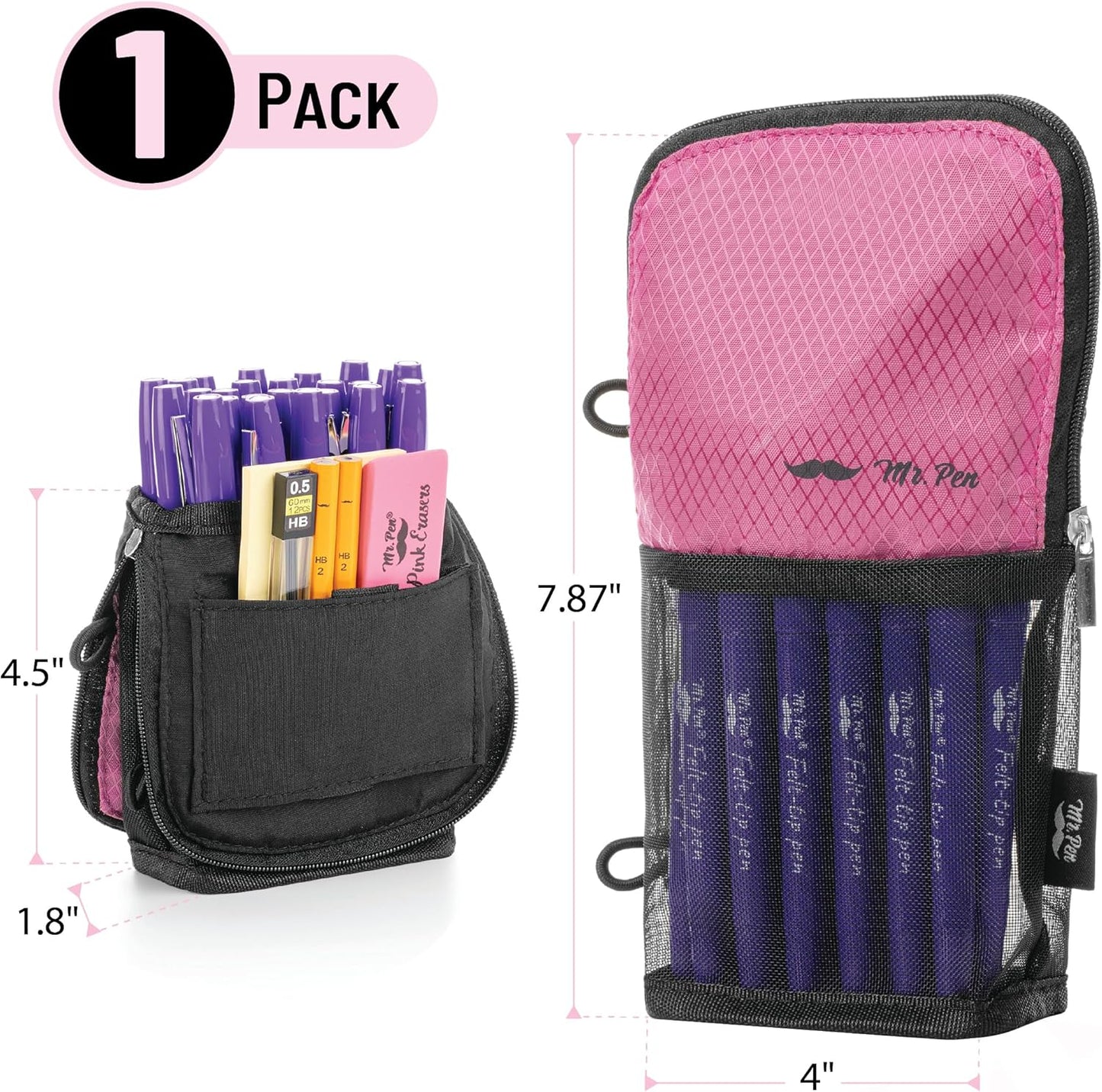 Mr. Pen- Standing Pencil Case Pouch, Sit & Lay Mesh-View Design, Black & Gray, Interior Pocket & 2 Elastic Binder Loops, Cute Pencil Case for Girls and Boys
