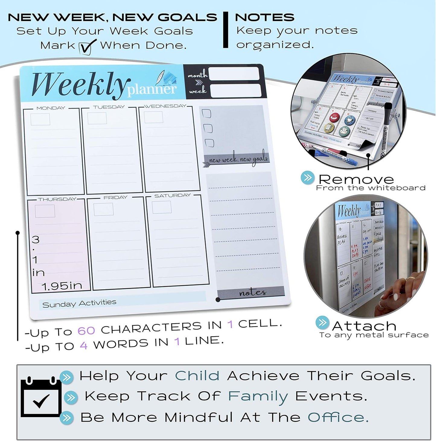 Dry Erase White Board for Desktop & Wall 12"x16" with 2 Magnetic Removable Planners - Weekly & Monthly to Do List Board with Stand, 6 Markers Eraser & Wall Hangers - Portable Double Sided Magnetic