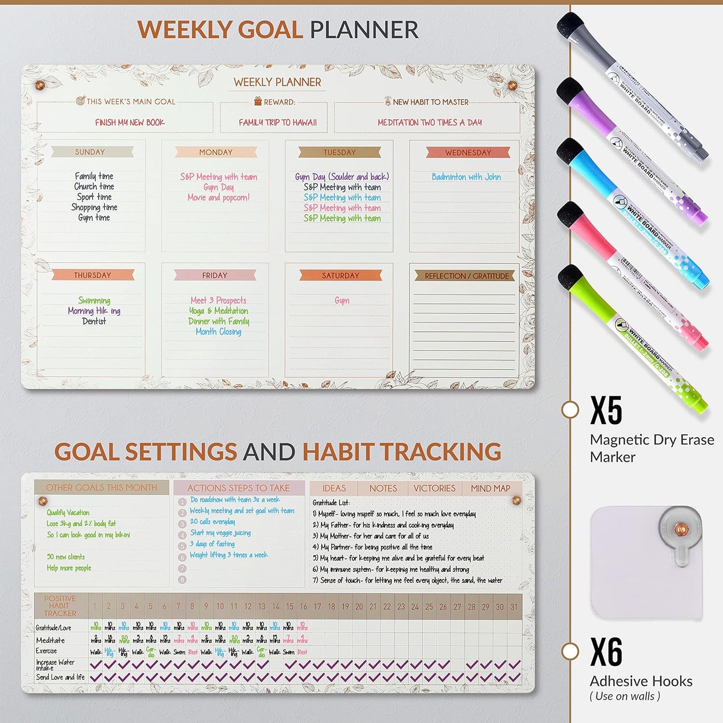 Magnetic Whiteboard for Fridge - Large Dry Erase Calendar for Wall | 2 Magnetic Dry Erase Board 10.5" x 16.5" & 7" x 16.5", Monthly Goal Setting & Habit Tracker, 5 Markers and 6 Adhesive Hooks