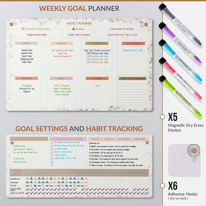 Magnetic Whiteboard for Fridge - Large Dry Erase Calendar for Wall | 2 Magnetic Dry Erase Board 10.5" x 16.5" & 7" x 16.5", Monthly Goal Setting & Habit Tracker, 5 Markers and 6 Adhesive Hooks