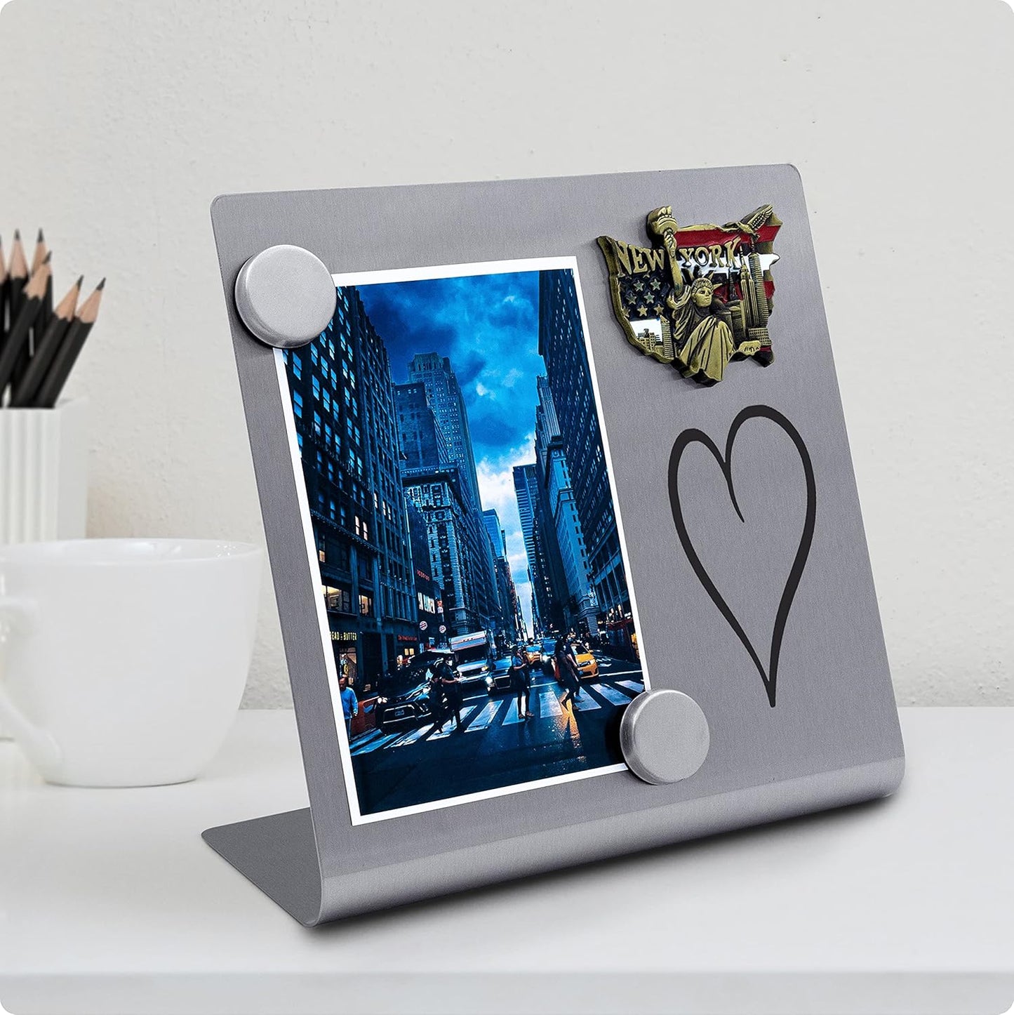 Magnetic Bulletin Board with Stand – Small Dry Erase Memo Board – Tabletop Metal Easel for Magnet Display – Mini Home Decor – 8x8 Inches + 2 Magnets