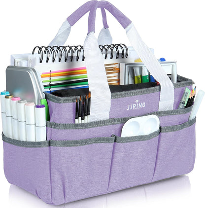 JJRING Craft Organizer Tote Bag for Art Storage, Caddy with Multiple Pockets, Bluish Green Sewing Bag for Scrapbooking, School, Medical, and Office Supplies