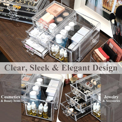 Sea Team Clear Makeup Organizer with Drawers, Acrylic Plastic Cosmetic Display Case, Jewelry Storage Box, Holder for Dresser, Bathroom, Vanity, Countertop (3 Middle Drawers)