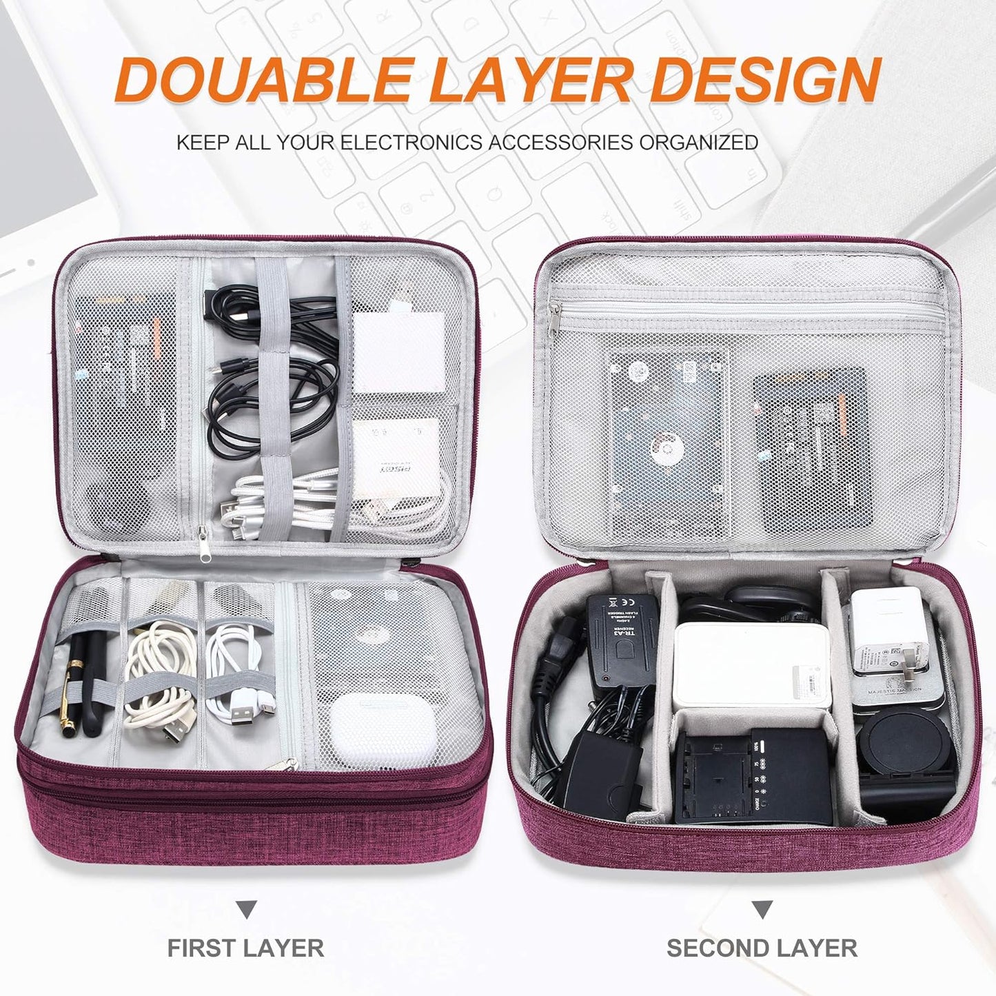 SELLYFELLY Electronic Bag Travel Cable Accessories Bag Waterproof Double Layer Electronics Organizer Portable Storage Case for Cable, Cord, Charger, Phone, Adapter, Power Bank, Kindle, Hard Drives