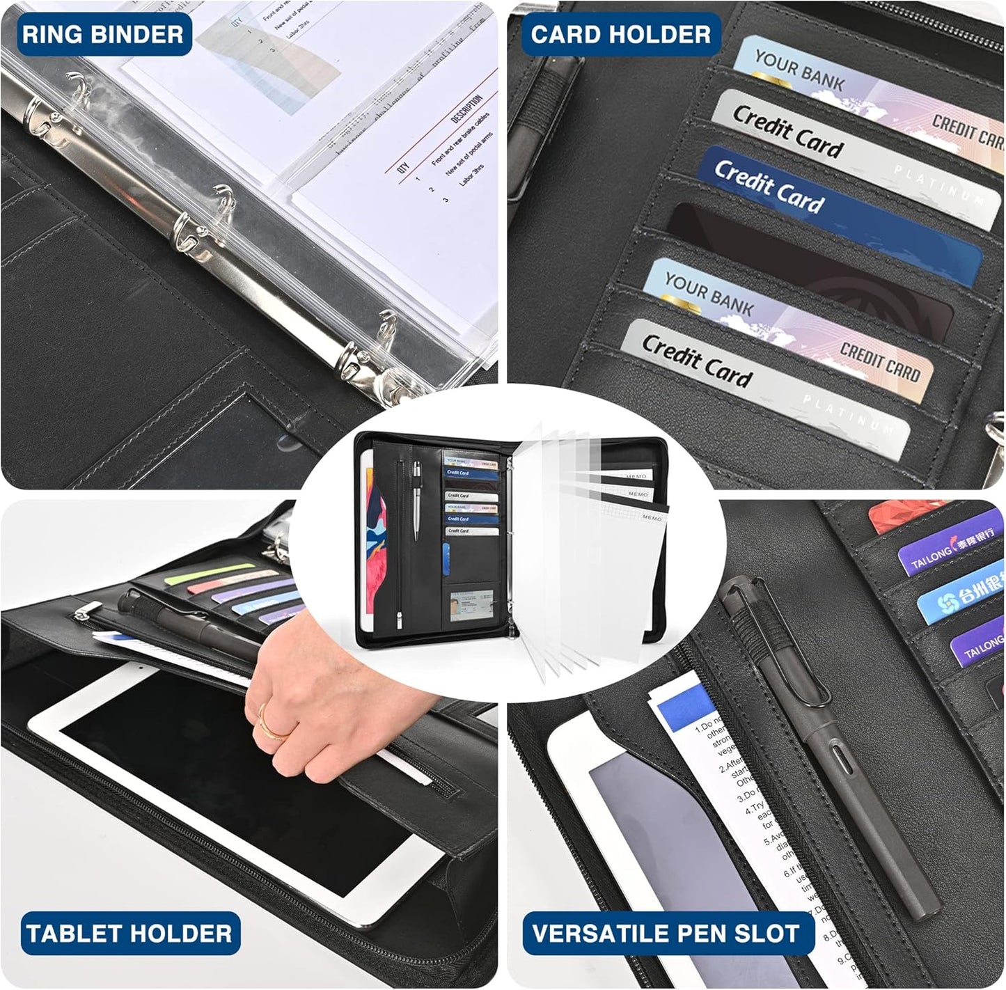 Padfolio Portfolio Folder Binder-Organizer Planner Notebook Zippered Portfolio Padfolio for Women & Men with Document Sleeve,Letter/A4 Size Clipboard,Business Card Holders (Brown Leaf)