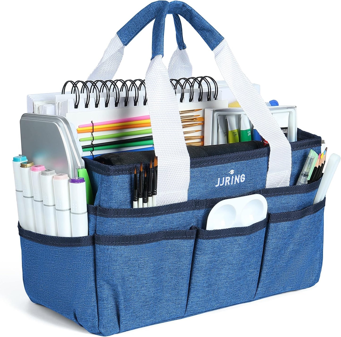 JJRING Craft Organizer Tote Bag for Art Storage, Caddy with Multiple Pockets, Bluish Green Sewing Bag for Scrapbooking, School, Medical, and Office Supplies