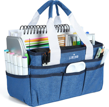 JJRING Craft Organizer Tote Bag for Art Storage, Caddy with Multiple Pockets, Bluish Green Sewing Bag for Scrapbooking, School, Medical, and Office Supplies