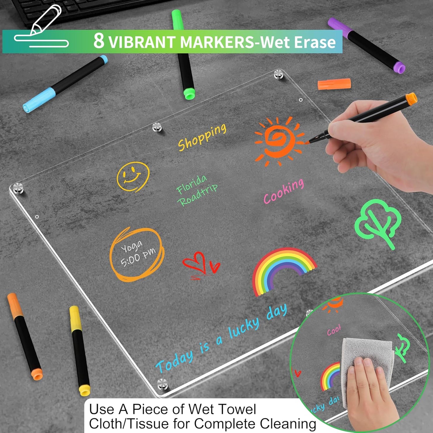 Acrylic Magnetic Dry Erase Board for Fridge, 12"X8" Clear Magnetic to Do List White Board, Acrylic Dry Erase to Do List for Refrigerator, Magnet Whiteboard with 5 Markers