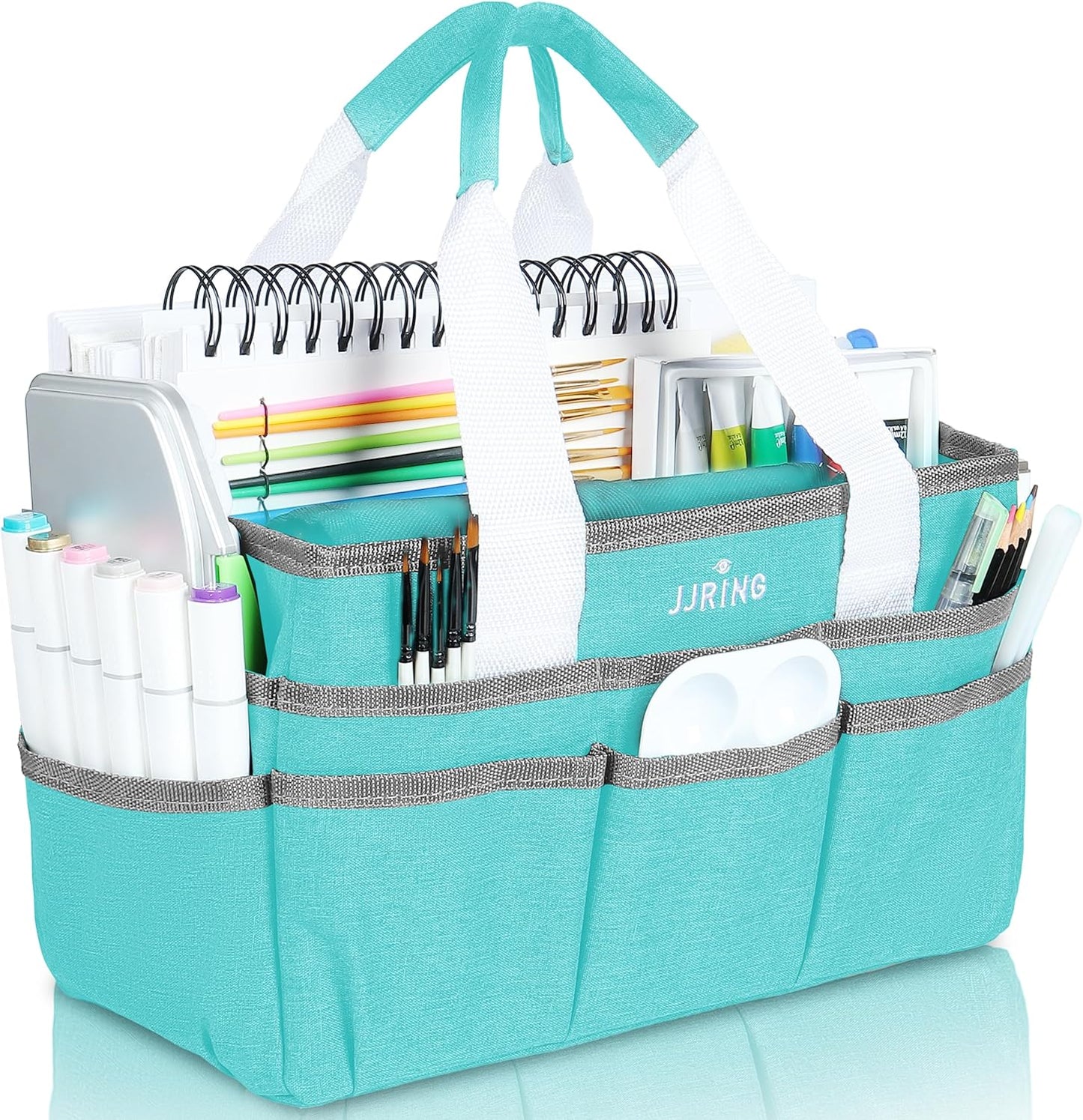 JJRING Craft Organizer Tote Bag for Art Storage, Caddy with Multiple Pockets, Bluish Green Sewing Bag for Scrapbooking, School, Medical, and Office Supplies