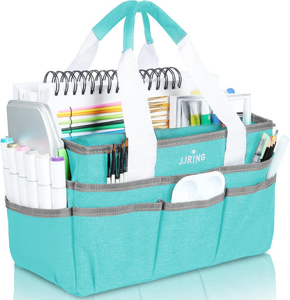JJRING Craft Organizer Tote Bag for Art Storage, Caddy with Multiple Pockets, Bluish Green Sewing Bag for Scrapbooking, School, Medical, and Office Supplies