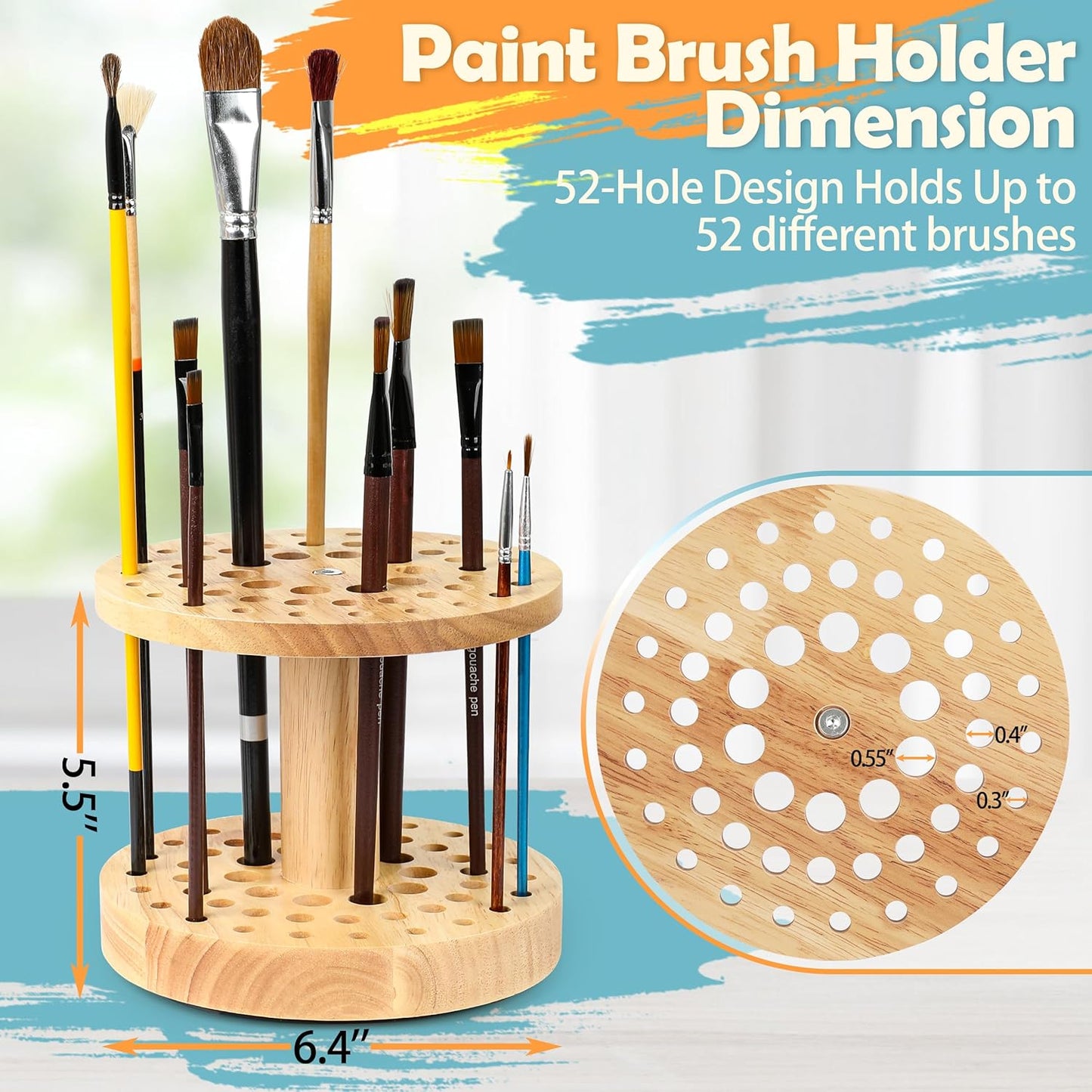 52 Holes Paint Brush Holder, 360° Rotating Paint Brush Organizer, Hardwood Storage Stand Rack for Artists Brushes, Crafts Tools, Makeup Brush, Calligraphy Pens