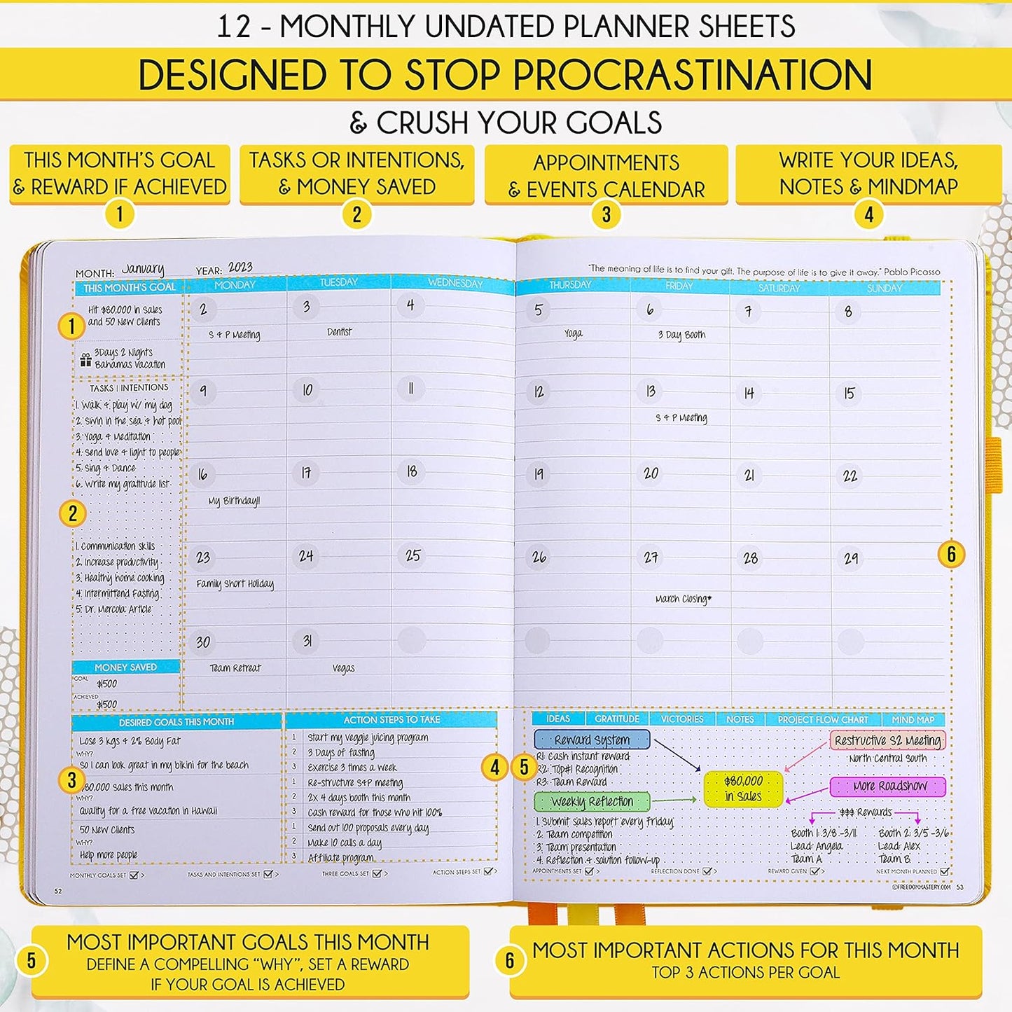 Life Planner - Undated Weekly & Monthly Planner, 12-Month Journey to Increase Productivity | Gratitude Journal, Life Organizer & Goal Journal | Include Foldable Vision Board, Habit Tracker & Stickers