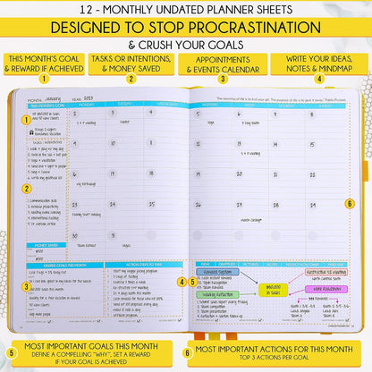 Life Planner - Undated Weekly & Monthly Planner, 12-Month Journey to Increase Productivity | Gratitude Journal, Life Organizer & Goal Journal | Include Foldable Vision Board, Habit Tracker & Stickers