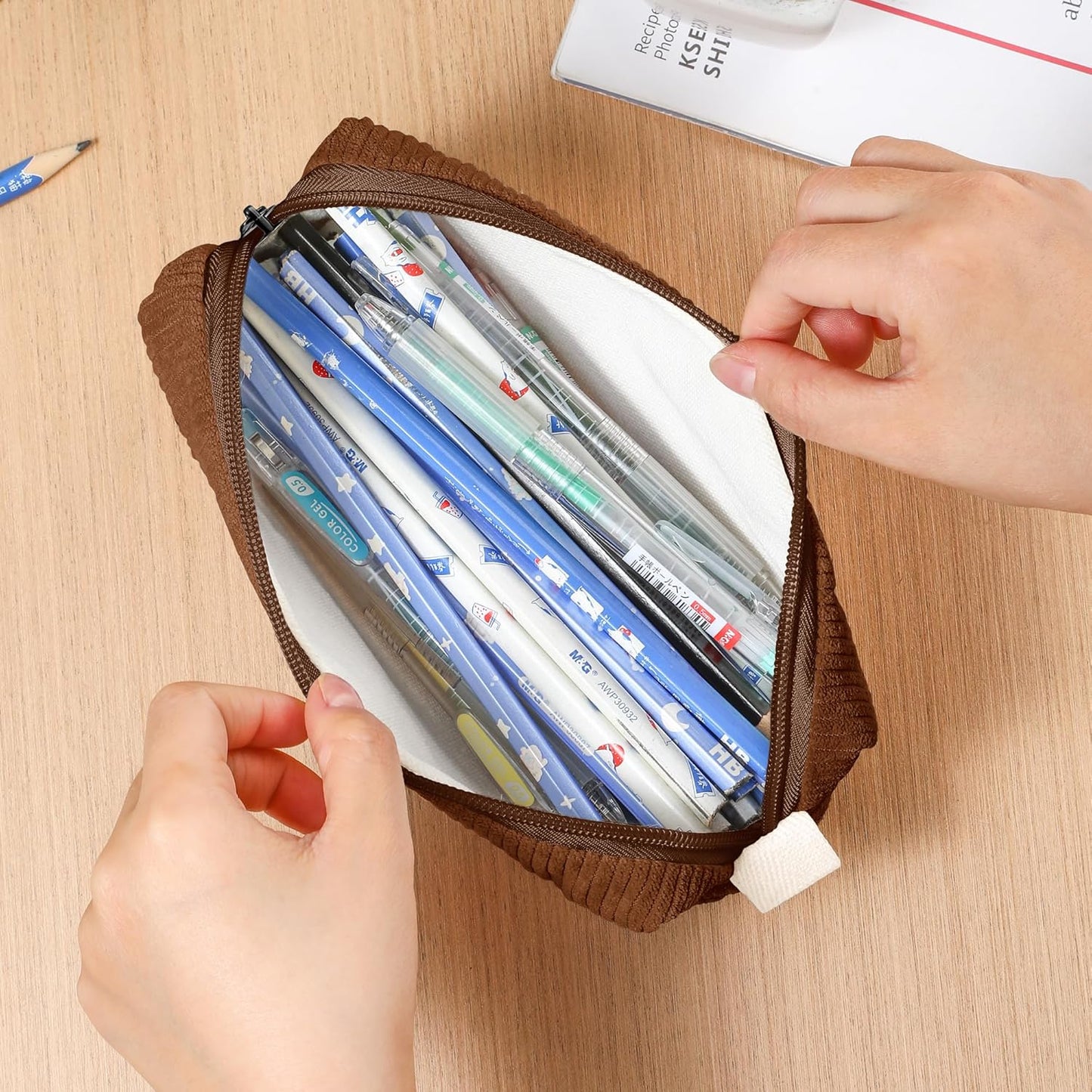 Pencil Bag Pen Case, Soft Corduroy Small Pencil Pouch Organizer with Zipper, Cute Pencil Case Pouch Stationery for Girls and Boys – Apricot