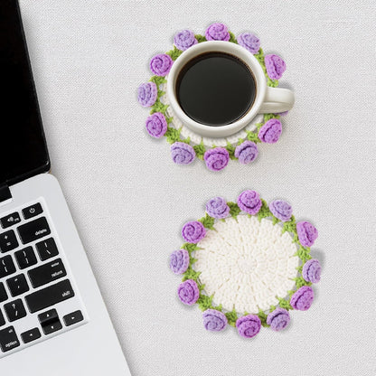 Flower Crochet Coasters, Handmade Bouquet Blanket Coaster with Crochet Plant Pot Fun Soft Decorative Drink Coasters for Coffee Tabletop Protection and Home Decor (Pink, 1Pc)