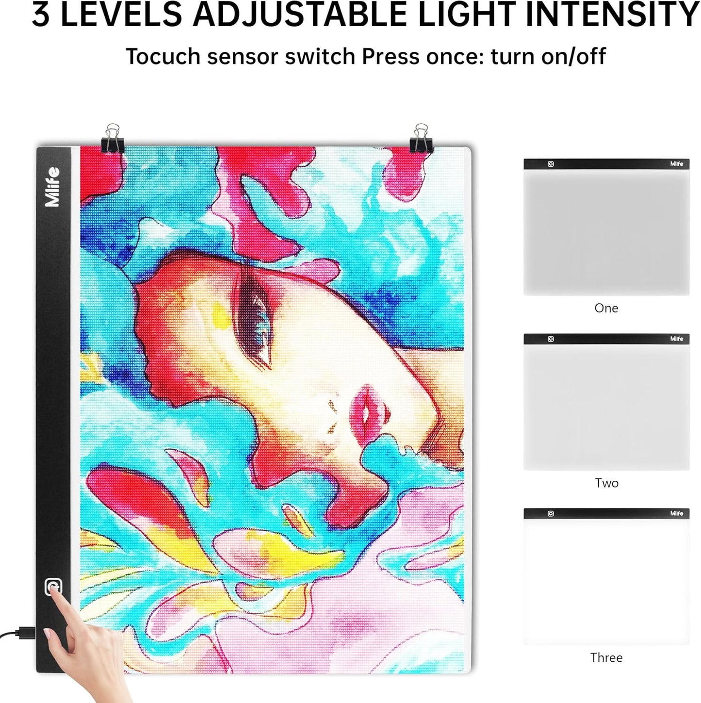 Mlife A2 LED Light Pad for Diamond Art Painting Light Board with 3 Brightness, Tracing Light Board with USB Cable & 4 Fasten Clips for Sketching, Animation, Drawing, Diamond Art Painting Supplies