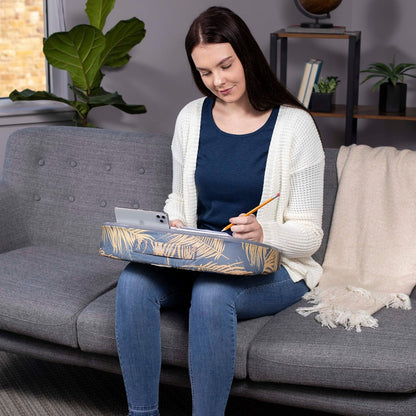 BIRDROCK HOME Deluxe Lap Desk with Pillow Cushion and Wrist Rest - Padded Laptop Desk for Bed, USB Light and Mouse Pad, With Reading Light, Soft Table for Home, Fits Laptops Up to 15" - Teal and Brown