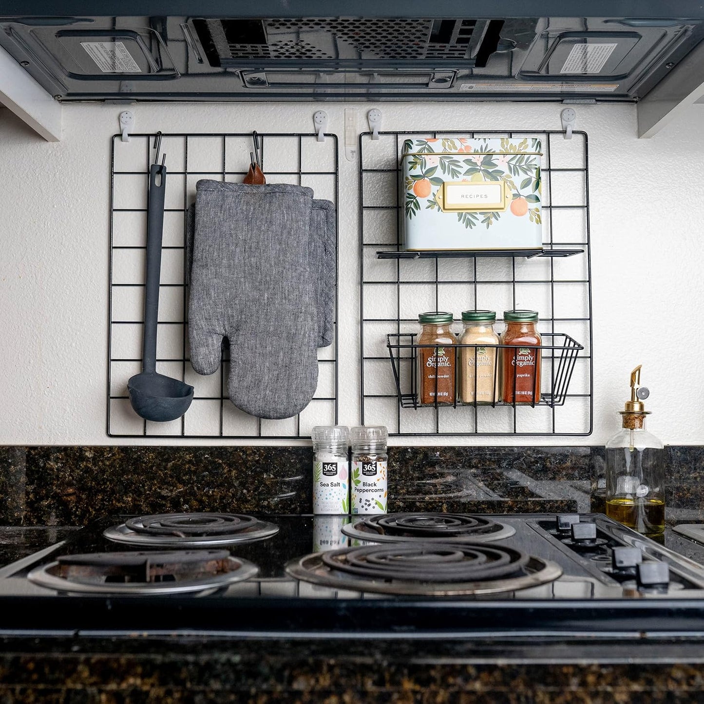 2 Pack Wire Wall Grid Panel With Accessories | Includes Hanging Basket, Shelf & Hook Rack | Photo Grid Wall Panels | Hanging Home, Office & Kitchen Décor | Metal & Black