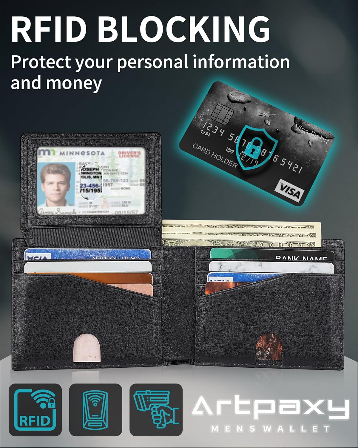 Mens Wallet With AirTag Holder, Bifold Leather RFID Blocking 1-2 ID Windows 12-13 Card Holders, Gift Box and Screen Protector Included, AirTag Not Included