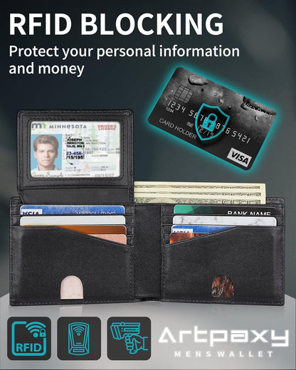 Mens Wallet With AirTag Holder, Bifold Leather RFID Blocking 1-2 ID Windows 12-13 Card Holders, Gift Box and Screen Protector Included, AirTag Not Included