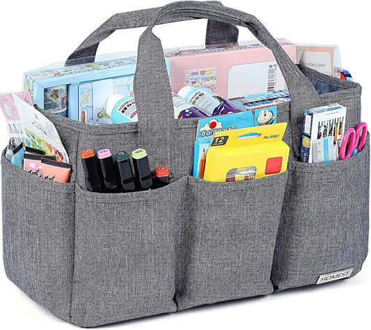HOMEST Craft Organizer Tote Bag with Multiple Pockets, Storage Art Caddy for Scrapbooking, Crafts Supply Carrier for Tool, Gray