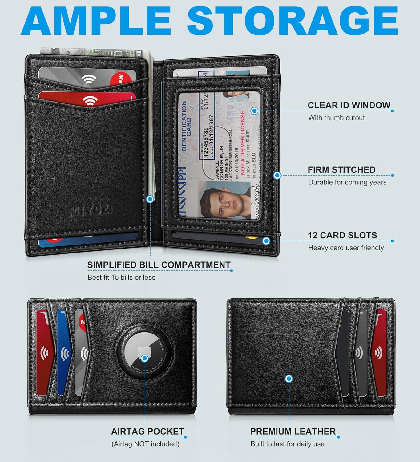 miyozi Airtag Slim Leather Wallet for Men - 12-Card Capacity, Magnetic Closure, Money Clip & Simplified Bill Compartment, RFID Blocking (4.3" x 3.0") | Gift Boxed
