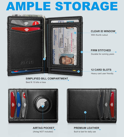 miyozi Airtag Slim Leather Wallet for Men - 12-Card Capacity, Magnetic Closure, Money Clip & Simplified Bill Compartment, RFID Blocking (4.3" x 3.0") | Gift Boxed