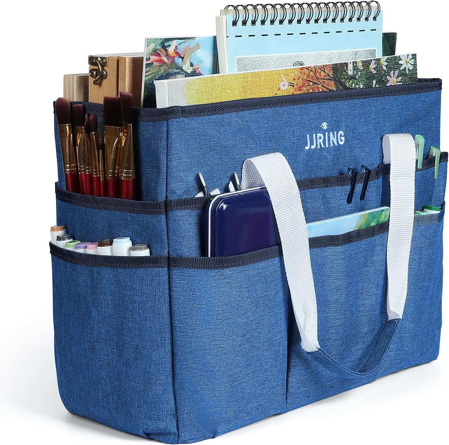 JJRING Craft Organizer Tote Bag for Art Storage, Caddy with Multiple Pockets, Bluish Green Sewing Bag for Scrapbooking, School, Medical, and Office Supplies