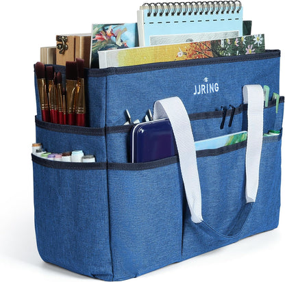 JJRING Craft Organizer Tote Bag for Art Storage, Caddy with Multiple Pockets, Bluish Green Sewing Bag for Scrapbooking, School, Medical, and Office Supplies