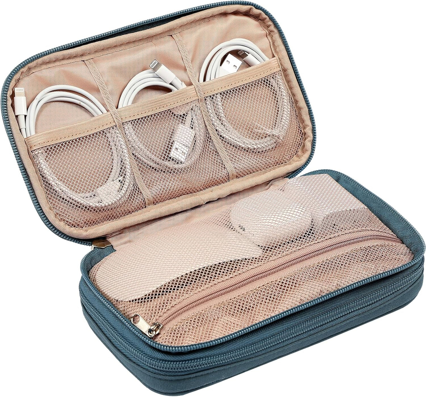 NISHEL Travel Cord Organizer Case, Double Layers Tech Electronic Bag, Essentials for Charger, Cable, Phone, Flash drive, Medium, Pink