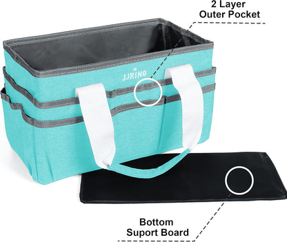 JJRING Craft Organizer Tote Bag for Art Storage, Caddy with Multiple Pockets, Bluish Green Sewing Bag for Scrapbooking, School, Medical, and Office Supplies