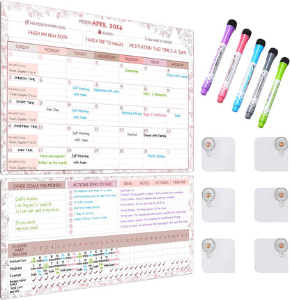 Magnetic Whiteboard for Fridge - Large Dry Erase Calendar for Wall | 2 Magnetic Dry Erase Board 10.5" x 16.5" & 7" x 16.5", Monthly Goal Setting & Habit Tracker, 5 Markers and 6 Adhesive Hooks