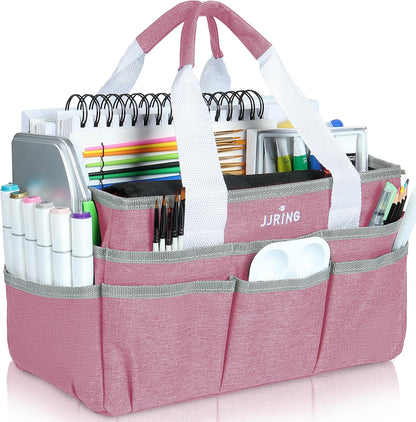 JJRING Craft Organizer Tote Bag for Art Storage, Caddy with Multiple Pockets, Bluish Green Sewing Bag for Scrapbooking, School, Medical, and Office Supplies