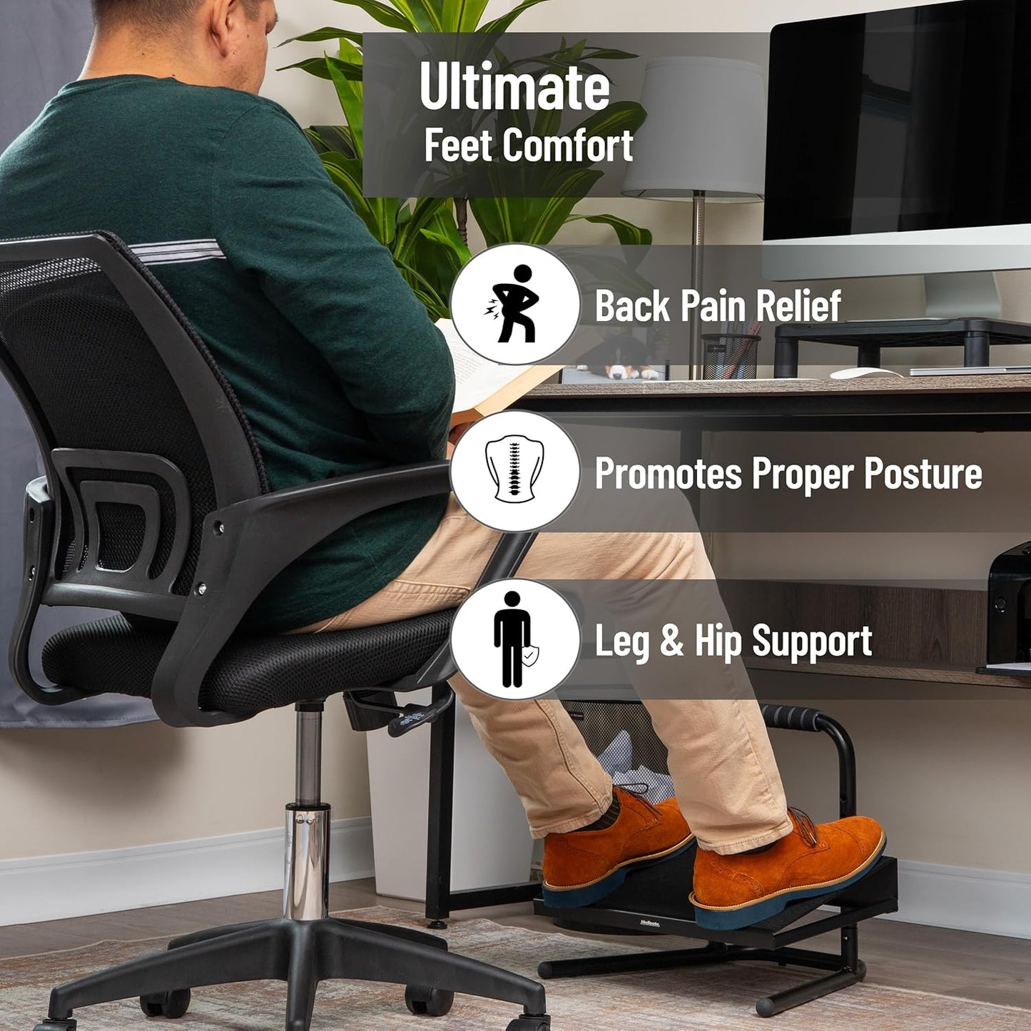 Mind Reader Foot Rest, Under Desk at Work, Ergonomic, Height Adjustable, Office, Plastic, Black