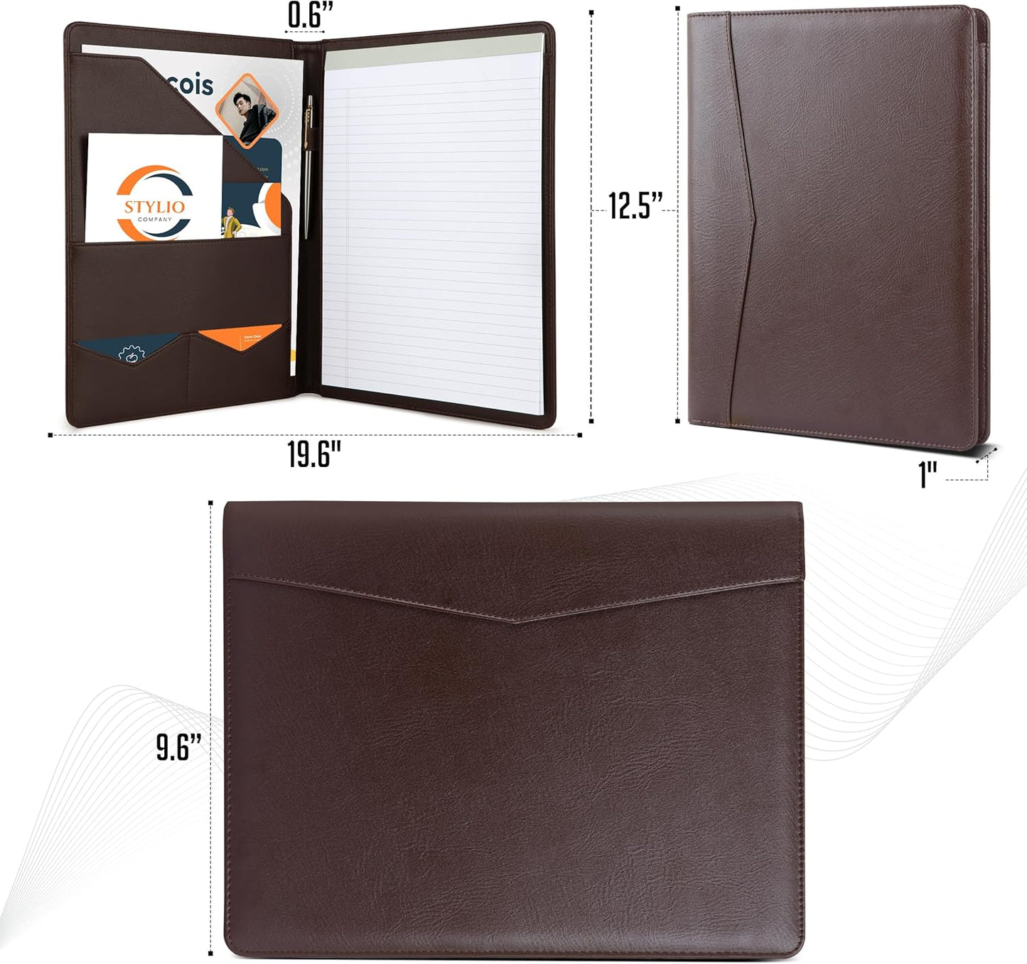 STYLIO Padfolio Portfolio Organizer Binder | Interview Resume Folder, Legal Document, Business Card Holder |w/Letter-Sized Notepad | Handsome Piano Noir Faux Leather Folio Matte Finish, Accent Stitch