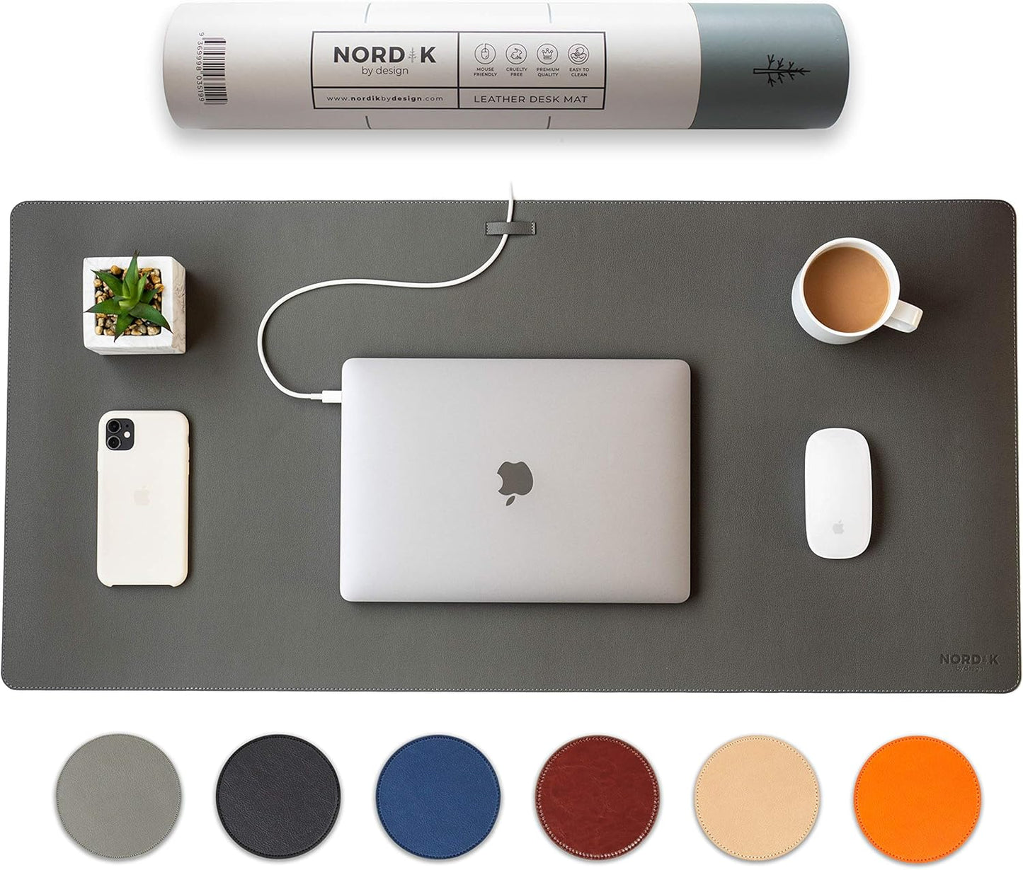 Nordik Leather Desk Mat Cable Organizer - Pebble Black 35 X 17 inch - Premium Mouse Mat - Felt Vegan Leather Desk Pad Protector - Desk Blotter Matt Keyboard - Large Desk Matt for Desktop Computer