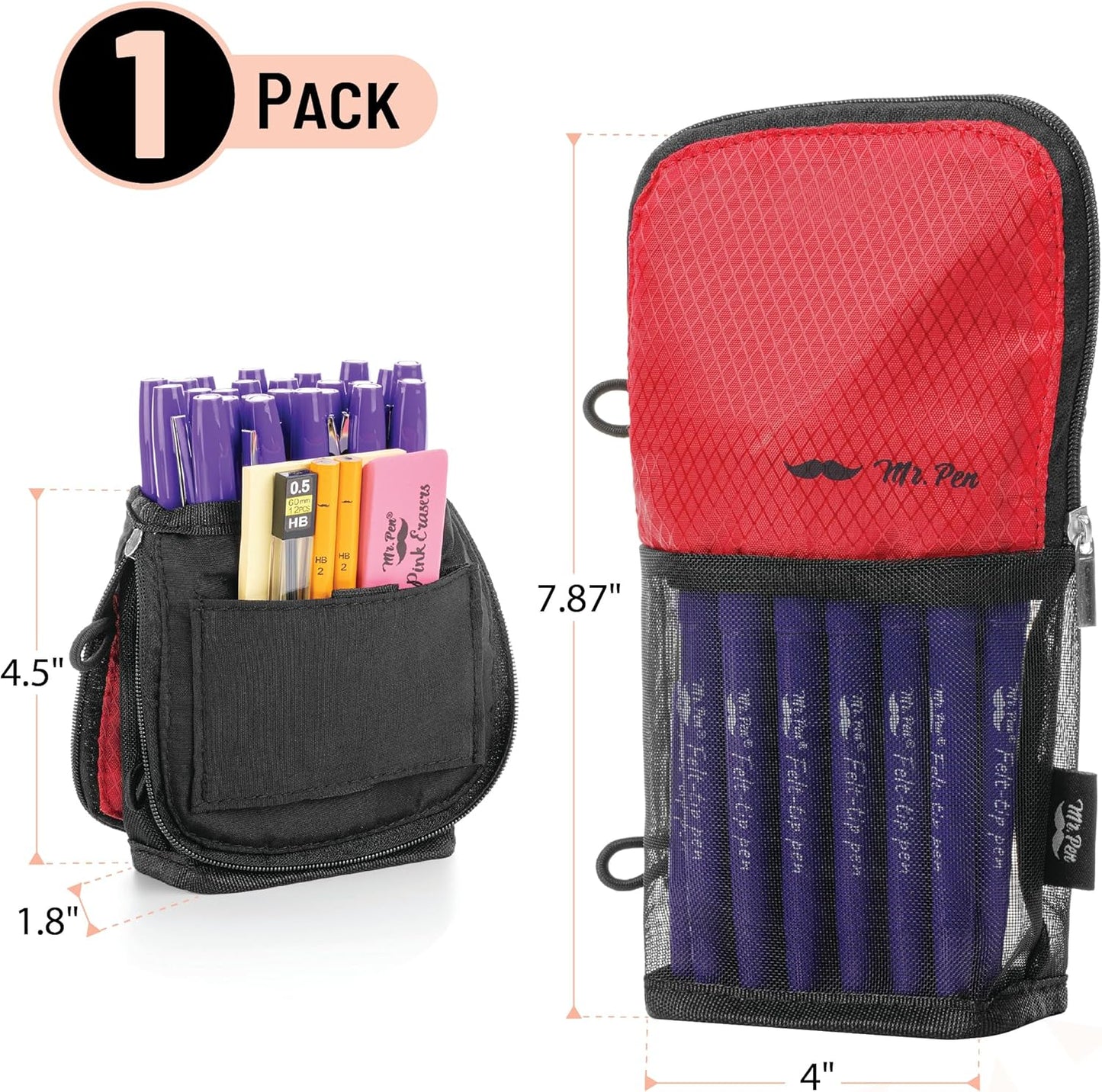 Mr. Pen- Standing Pencil Case Pouch, Sit & Lay Mesh-View Design, Black & Gray, Interior Pocket & 2 Elastic Binder Loops, Cute Pencil Case for Girls and Boys