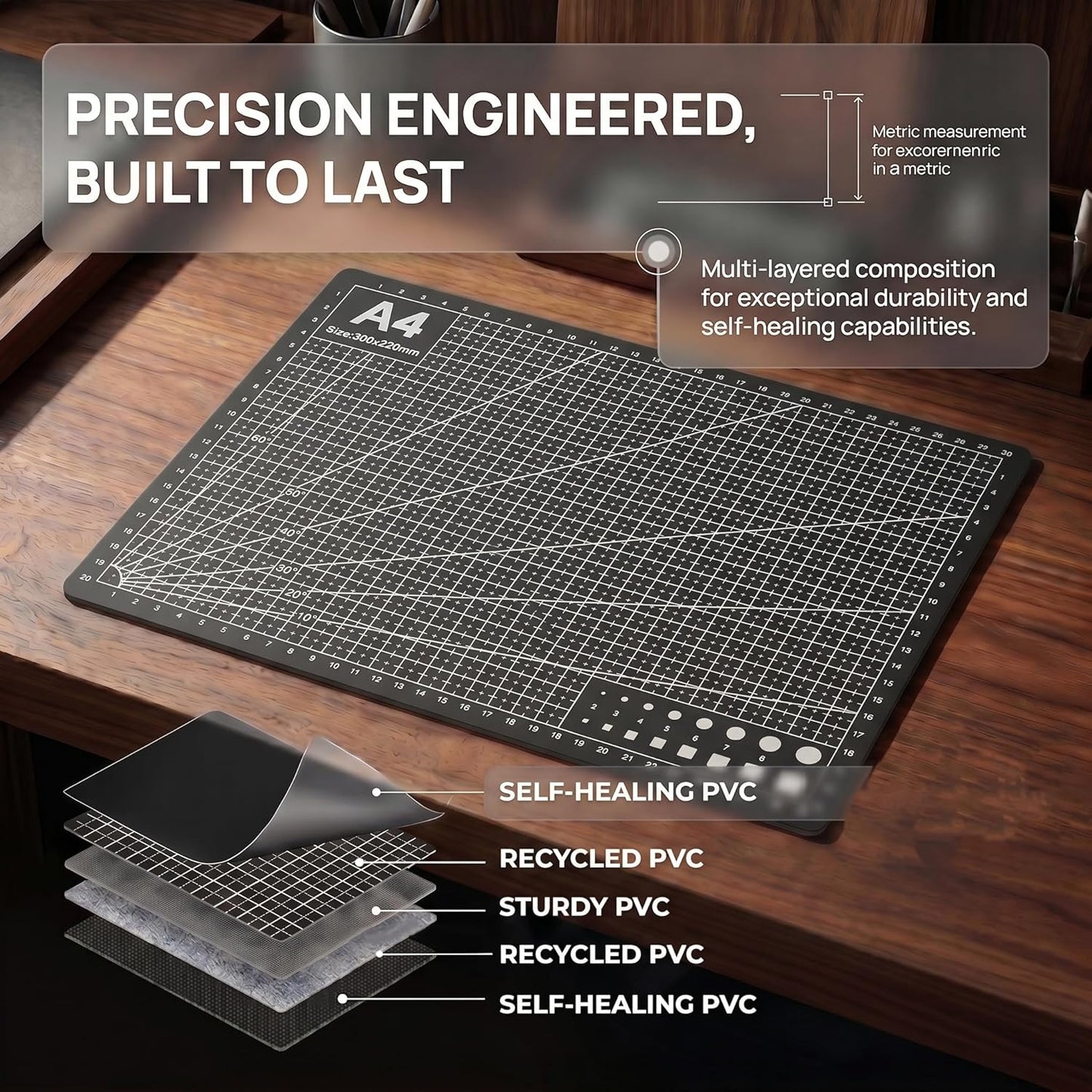Professional A4 Self-Healing Cutting Mat, Non-Slip Craft Cutting Board with Grid, Durable PVC Material for Handmade Scrapbooking, Sewing, Model Making and Office Desktop Protection