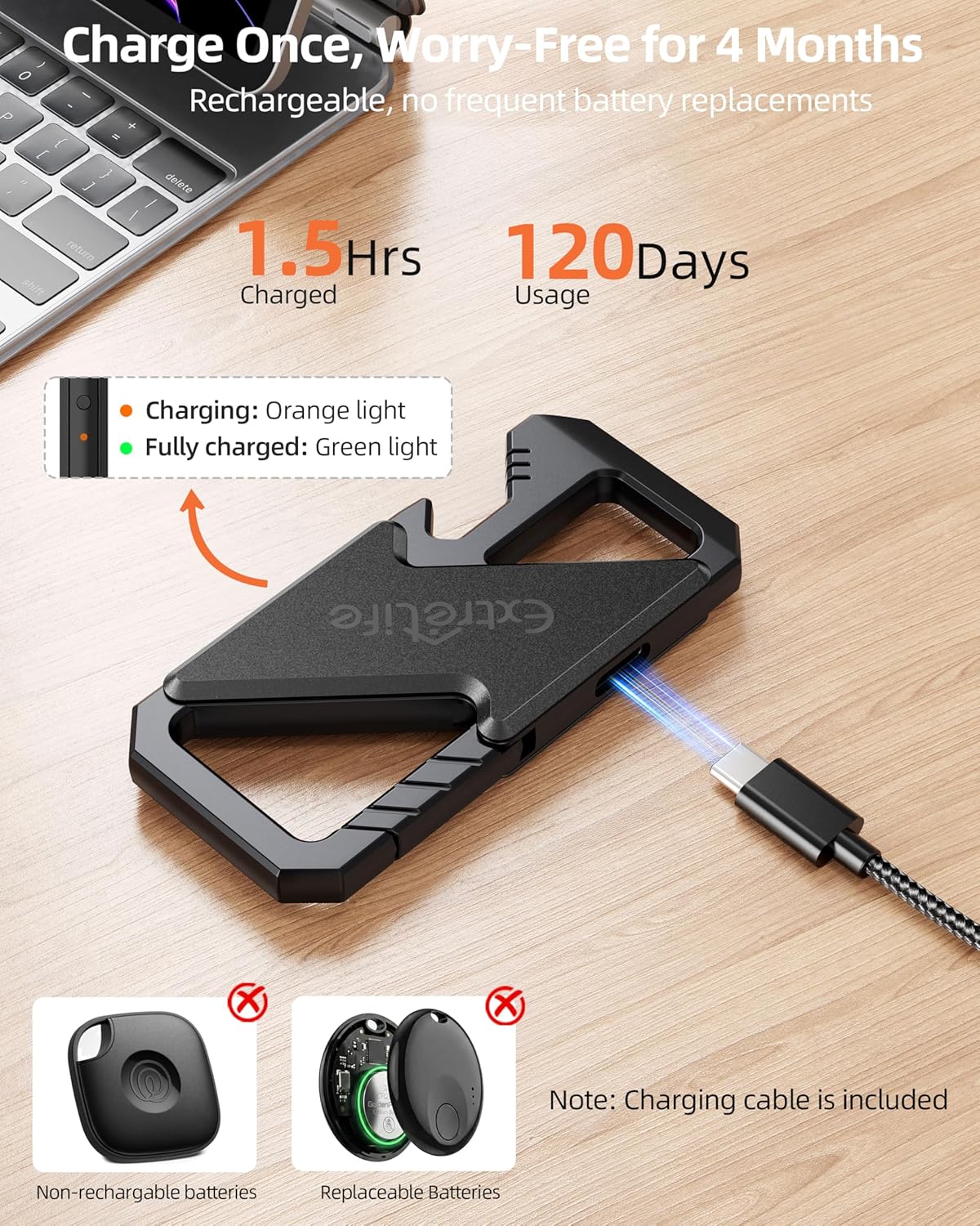 Keychain, Works with Apple Find My, Heavy Duty Keychain Bottle Opener, Carabiner Car Key Chains for Men & Women, Car Key Fob Holder, Anti-Lost Keys Tracker, Smart Keys Finder, Rechargeable, Black