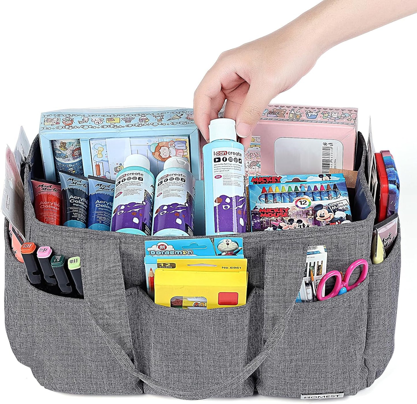 HOMEST Craft Organizer Tote Bag with Multiple Pockets, Storage Art Caddy for Scrapbooking, Crafts Supply Carrier for Tool, Gray