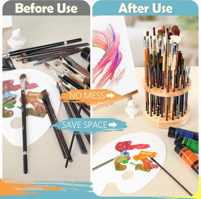 52 Holes Paint Brush Holder, 360° Rotating Paint Brush Organizer, Hardwood Storage Stand Rack for Artists Brushes, Crafts Tools, Makeup Brush, Calligraphy Pens