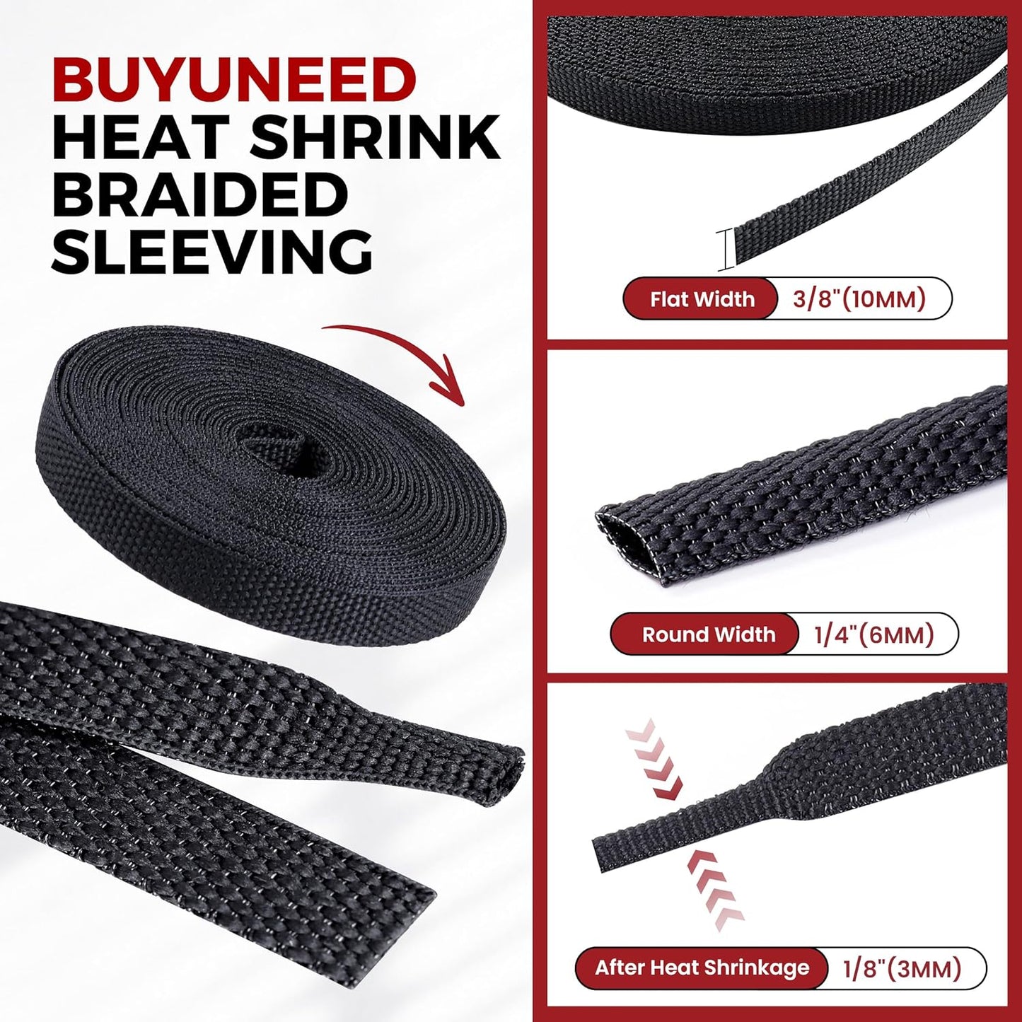 Braided Sleeving Heat Shrinkable Fabric 2:1 Ratio- Abrasion Protection Flexibility Wiring Harness Cable Sheath (3/8" ID, 16ft) - Colors A