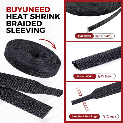 Braided Sleeving Heat Shrinkable Fabric 2:1 Ratio- Abrasion Protection Flexibility Wiring Harness Cable Sheath (3/8" ID, 16ft) - Colors A