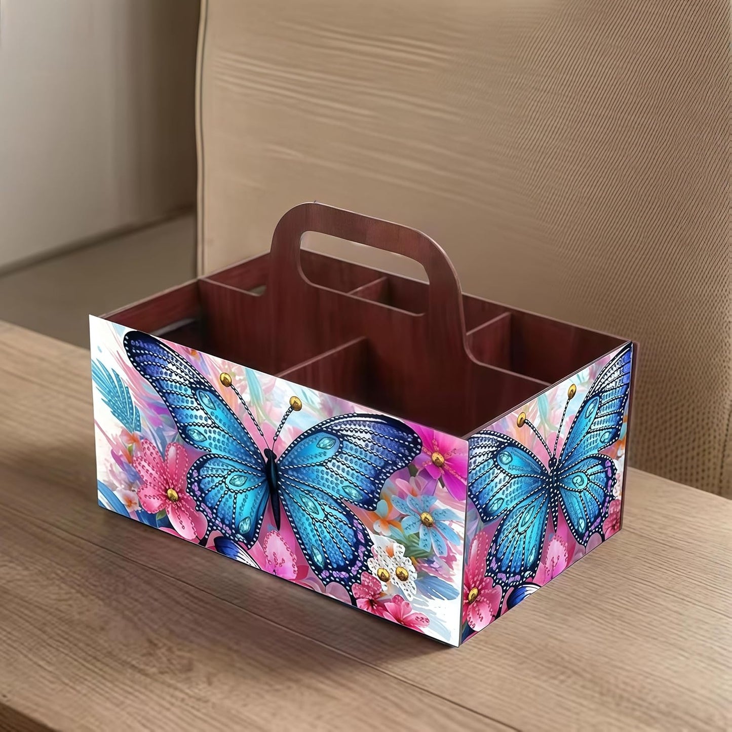 LSQFS DIY Diamond Painting Storage Box, Wooden Multi-Grid Organizer with Handle, Portable Desktop Caddy for Art Kits, Craft Tools, Makeup Brushes, Stationery Home Office