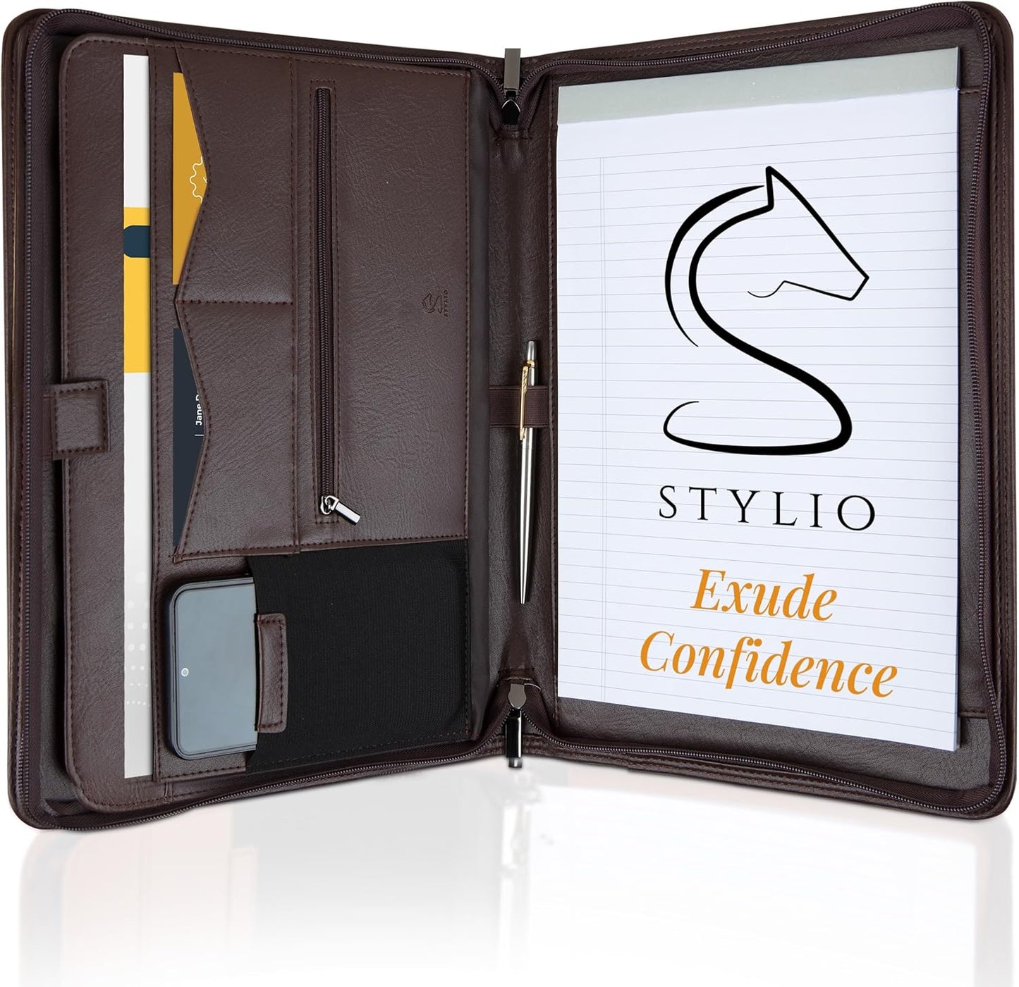 STYLIO Zipper Padfolio Portfolio Binder Organizer | Faux Leather Portfolio for Resume, Documents, Phone, Tablet, Business Supplies and Cards | Notebook Organizer with Letter Sized Notepad Included