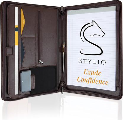 STYLIO Zipper Padfolio Portfolio Binder Organizer | Faux Leather Portfolio for Resume, Documents, Phone, Tablet, Business Supplies and Cards | Notebook Organizer with Letter Sized Notepad Included