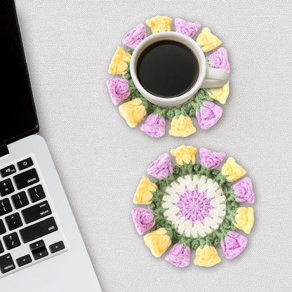 Flower Crochet Coasters, Handmade Bouquet Blanket Coaster with Crochet Plant Pot Fun Soft Decorative Drink Coasters for Coffee Tabletop Protection and Home Decor (Pink, 1Pc)