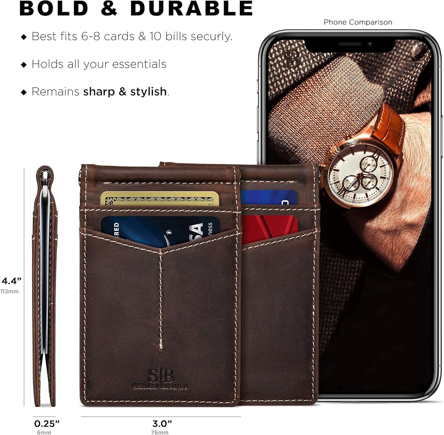 SERMAN BRANDS RFID Blocking Wallet Slim Bifold - Genuine Leather Minimalist Front Pocket Wallets for Men with Money Clip Gift
