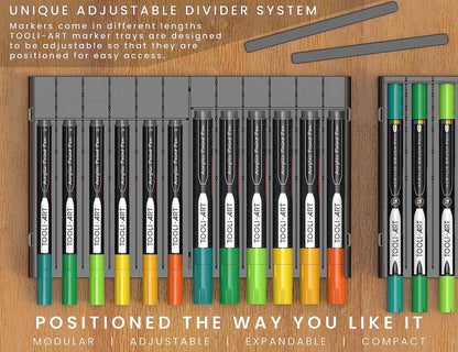 TOOLI-ART 72 Art Marker Storage Tray Desk Organizer Holder, Adjustable Dividers, Modular, Expandable, Stackable, Fit Most Pen, Pencil, Brushes. School, Home, Multi Purpose Tinted Plastic 6 Trays